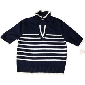 Nanette Lepore Navy White Striped Mock Neck Sweater Top | Short Sleeve | NWT S